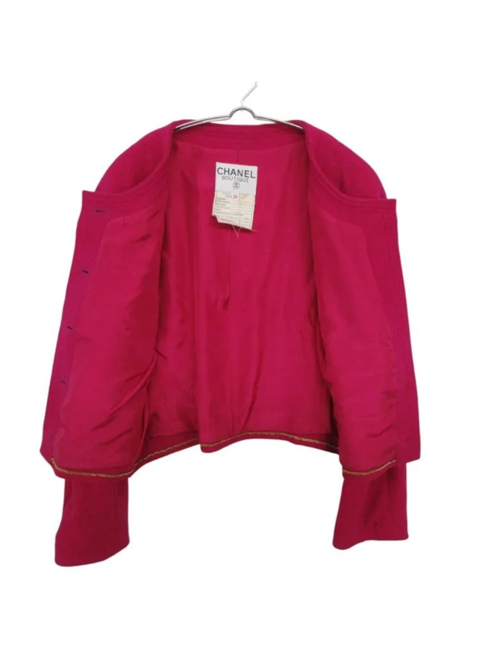 Chanel Collarless Jacket Tweed Gold Button Cropped Front Opening Lined Pink